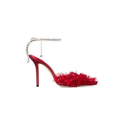 JIMMY CHOO SAEDA 100 RUBY RED MESH PUMPS WITH PETAL EMBROIDERY SAEDA100BSR